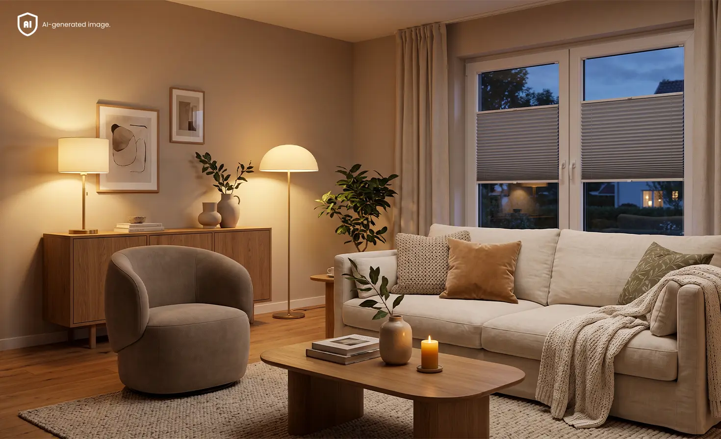 Atmospheric New Cozy living room in evening light with grey blackout pleated blinds on the windows