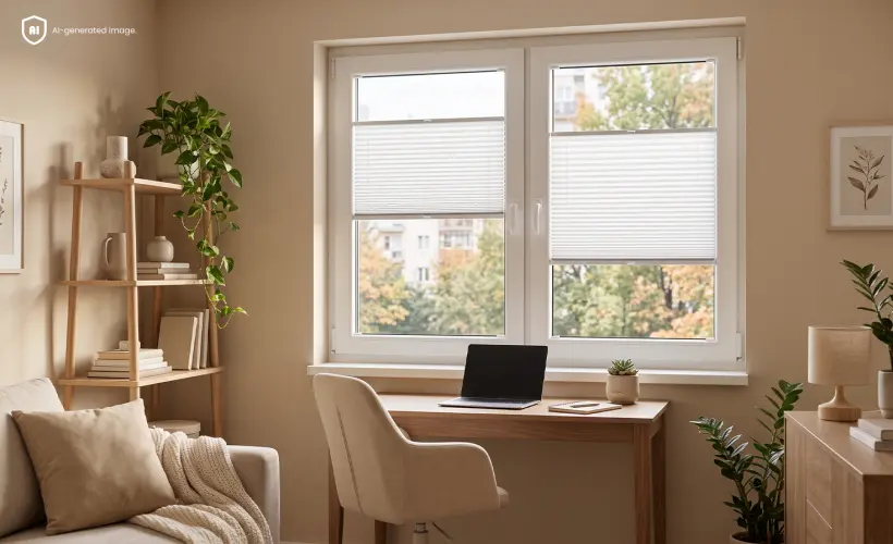 Atmospheric beige New Cozy home office with white standard pleated blinds on the window