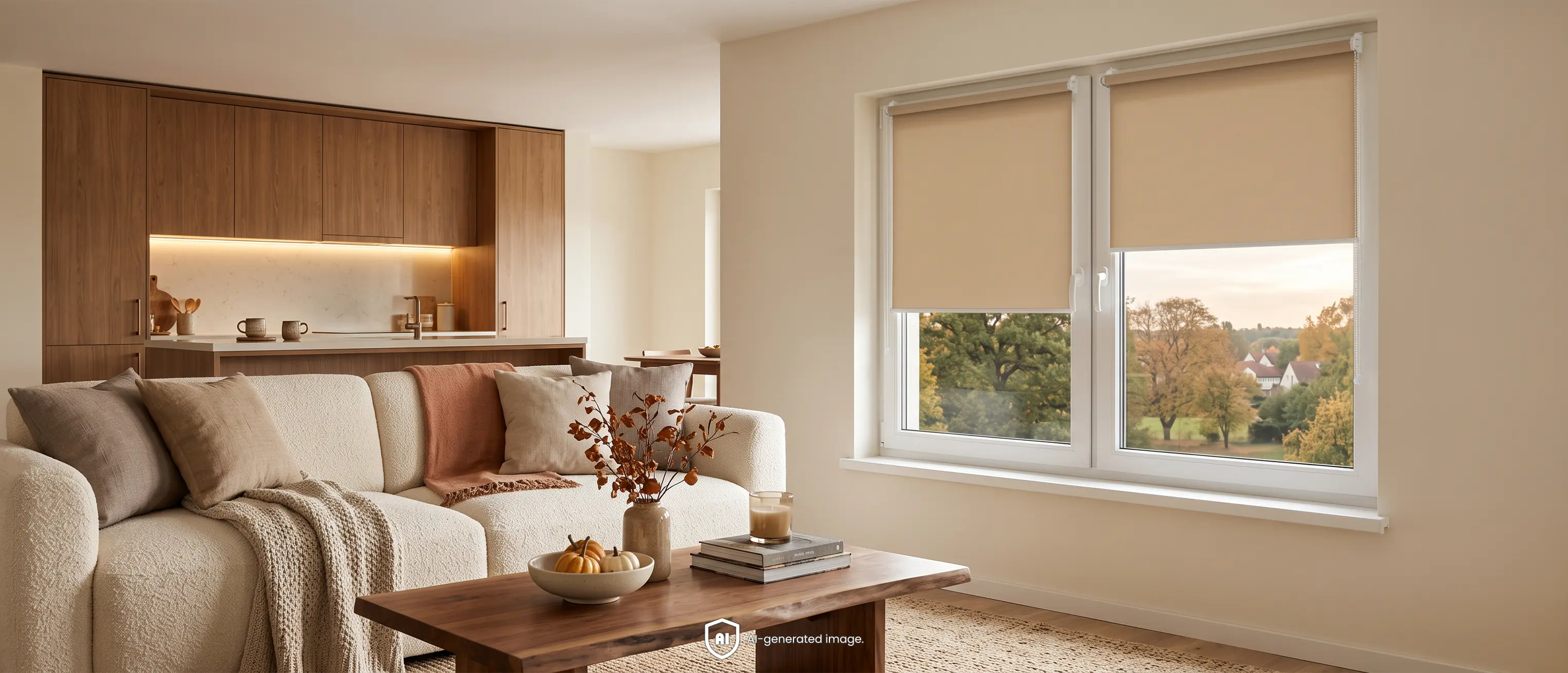 Großes, gemütliches Wohnzimmer mit offener Küche im New-Cozy-Stil und Standardrollos in Walnussfarbe an den Fenstern