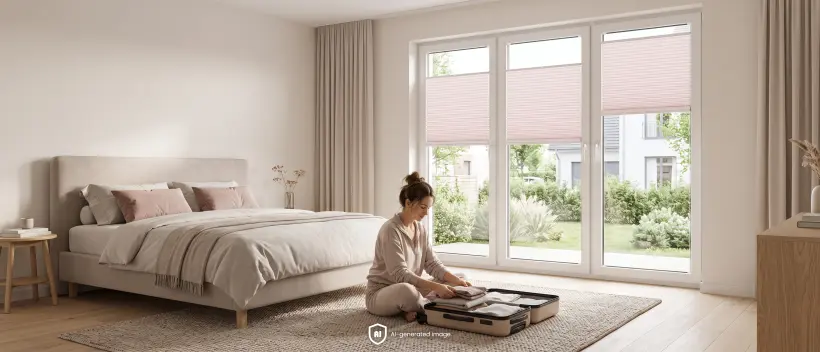 Frau packt einen Koffer in einem hellen Schlafzimmer mit rosafarbenen Plissees an den Fenstern.