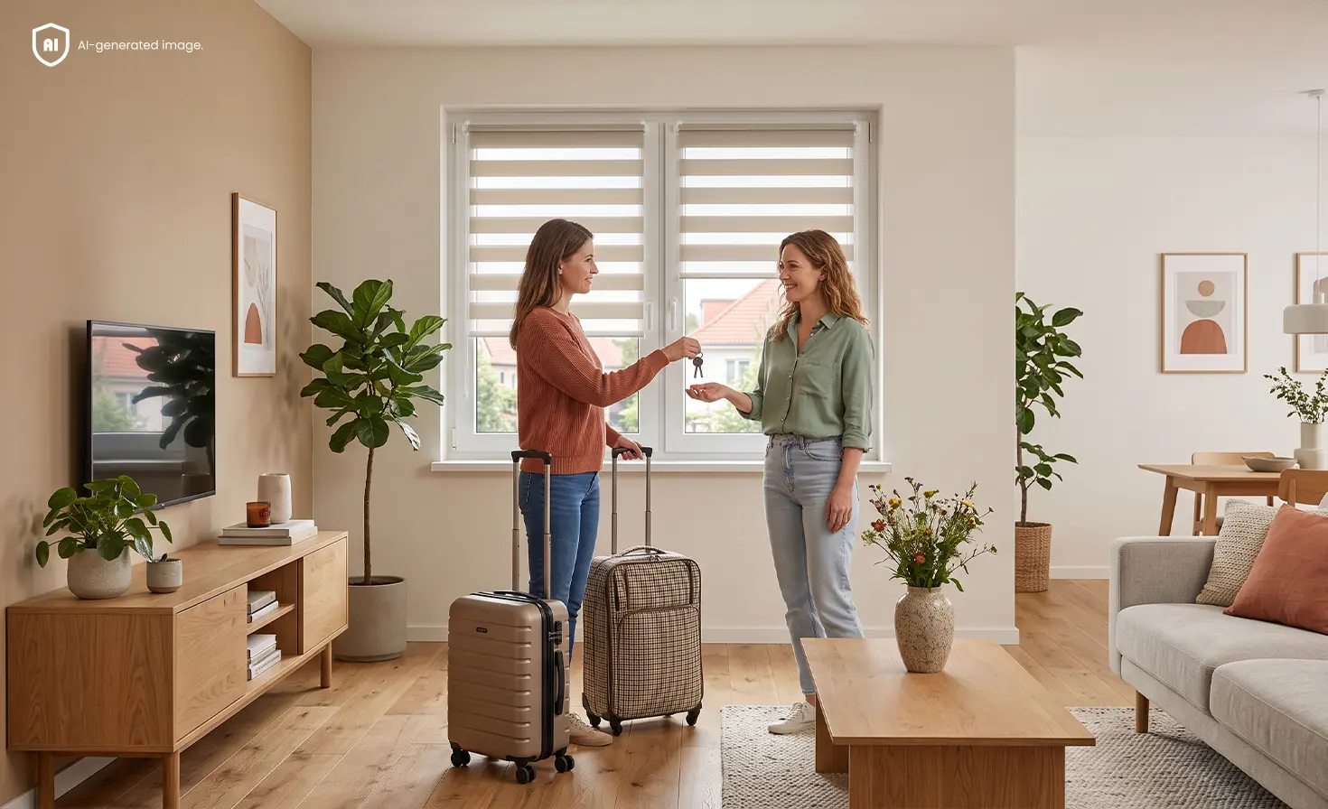 Zwei Frauen &uuml;bergeben sich Schl&uuml;ssel in einem Wohnzimmer mit Doppelrollos.