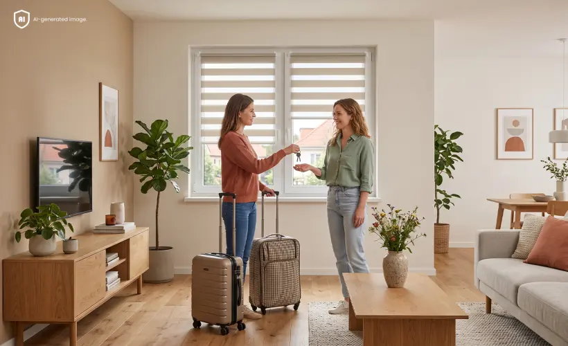 Zwei Frauen &uuml;bergeben sich Schl&uuml;ssel in einem Wohnzimmer mit Doppelrollos.