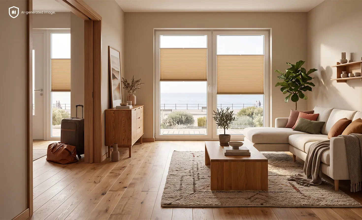 Wohnzimmer mit Ausblick, beigen Plissees und einem Koffer.
