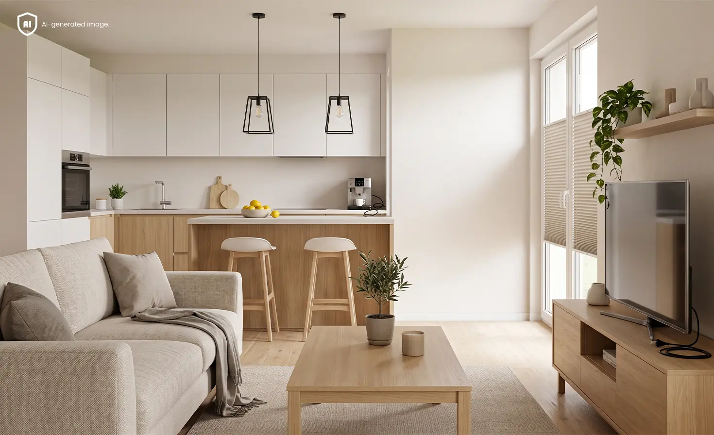 Helles Wohnzimmer mit K&uuml;che, ausgesteckten Elektroger&auml;ten und beigen Plissees an den Fenstern.