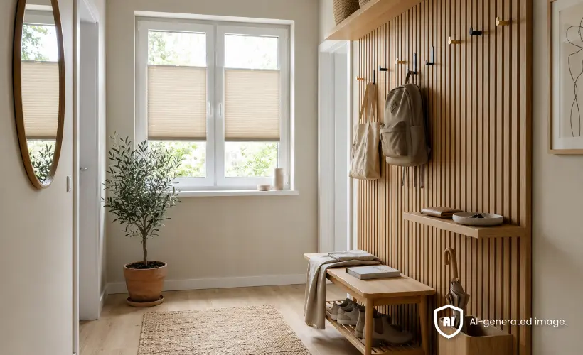 Beigefarbene Plissees bedecken das Fenster in einem hellen Flur mit einer Holzbank und einer Wand aus Lamellen.
