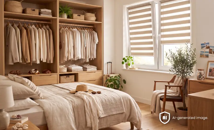 Beigefarbene Doppelrollos bedecken zwei Fenster in einem Schlafzimmer mit offenem Kleiderschrank.