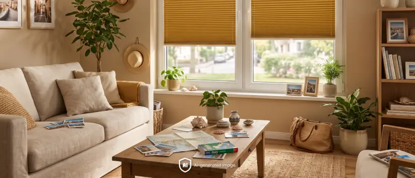 Orangefarbene Plissees bedecken die Fenster im Wohnzimmer, w&auml;hrend Fotos und Urlaubserinnerungen auf dem Tisch liegen.