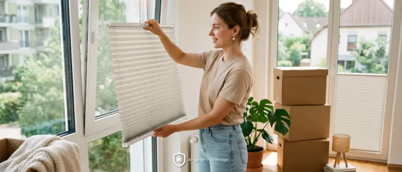 Eine Frau nimmt w&auml;hrend eines Umzugs ein wei&szlig;es Plissee vom Fenster ab.