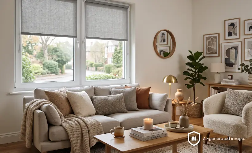 Graue Rollos bedecken die Fenster eines hellen Wohnzimmers mit Sofa.