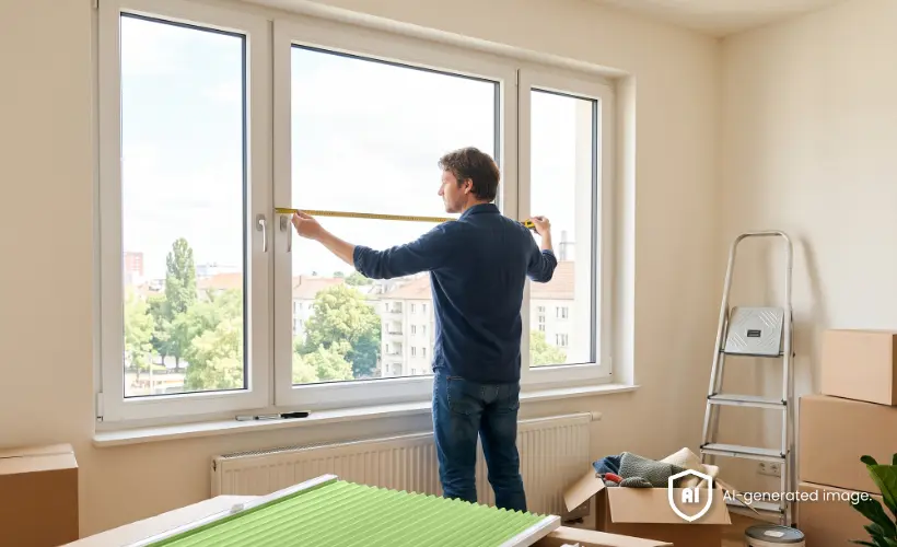 Ein Mann misst vor der Montage eines Plissees die Breite eines Fensters.