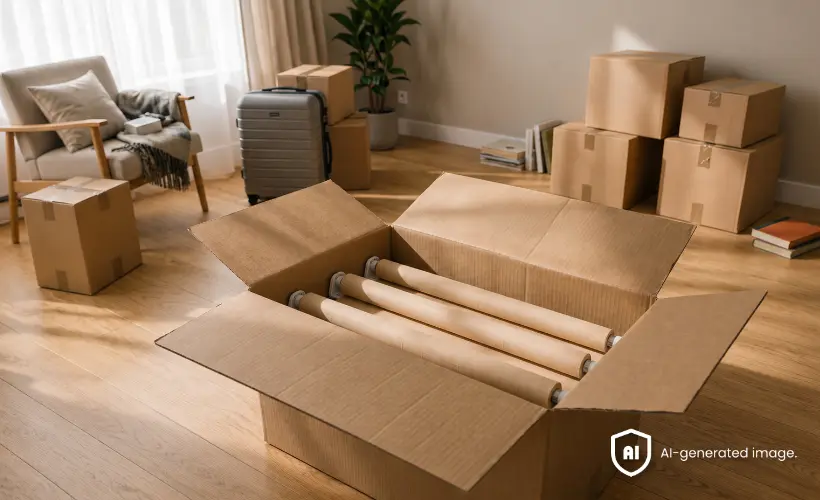 Rolled-up blinds lie in an open box among other moving boxes.