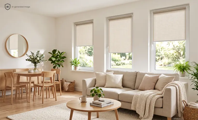 Skandinavisches Wohn- und Esszimmer mit beigefarbenen Stoffrollos an drei Fenstern.