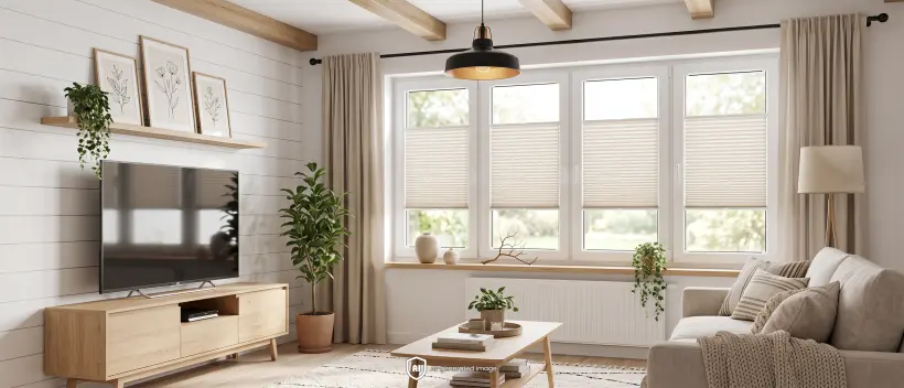 Helles Wohnzimmer im skandinavischen Stil mit beigefarbenen Plissees an vier Fenstern.