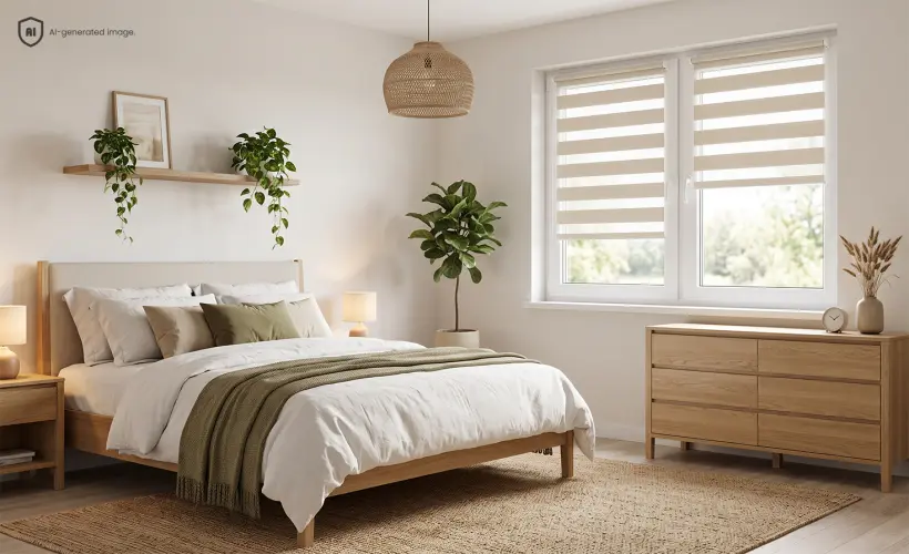 Helles Schlafzimmer mit Holzm&ouml;beln und beigefarbenen Doppelrollos.