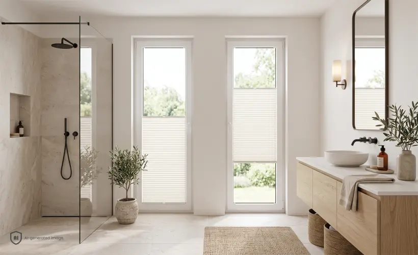 Modernes Badezimmer mit einem Holzschrank und hellen Plissees, die einen Teil der Fenster verdecken.