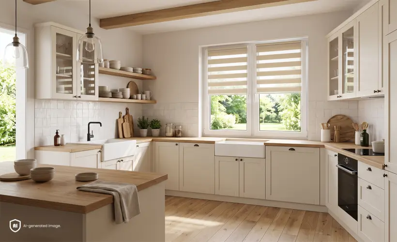 Light kitchen with wooden worktops and a day and night blind at the window.