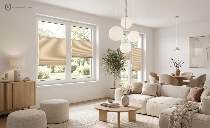Spacious combined living and dining room with beige pleated window blinds.