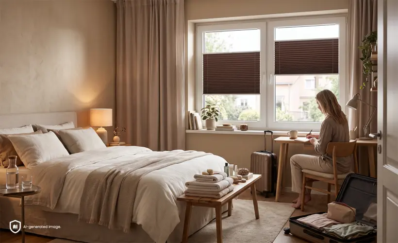 Eine Frau sitzt an einem Schreibtisch in einem braun gestalteten G&auml;stezimmer mit Plissees am Fenster