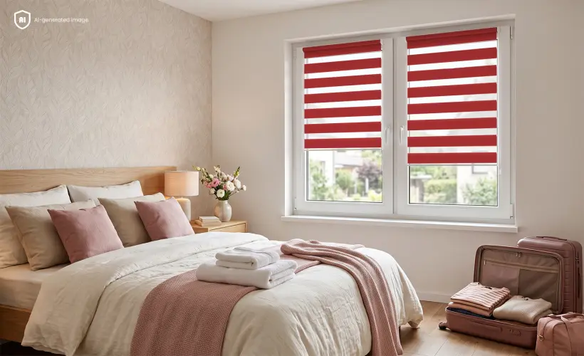 Kleines, gem&uuml;tliches G&auml;stezimmer mit einem Doppelrollo in der Farbe Himbeermousse am Fenster