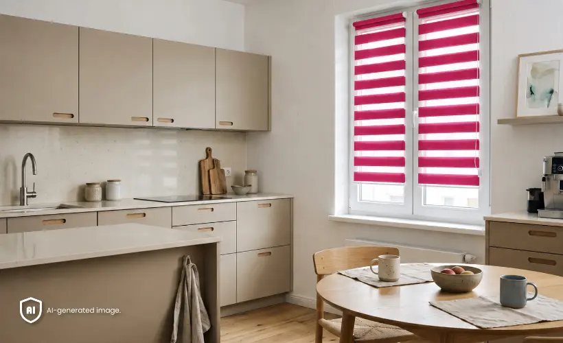 Gro&szlig;e beige K&uuml;che mit Doppelrollos in der Farbe Himbeermousse an den Fenstern