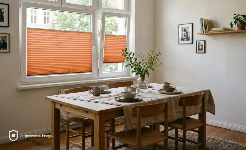 A large dining room with a table and orange standard pleated blinds on the windows