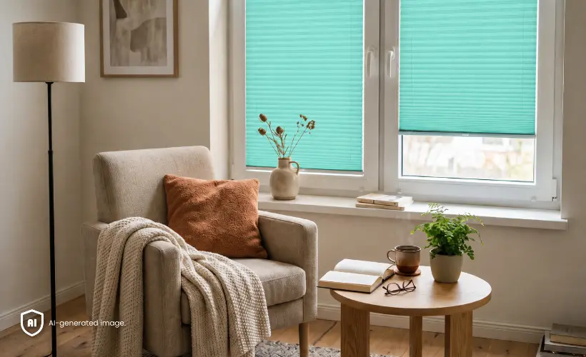 A small, cosy reading corner by a window with turquoise pleated blinds