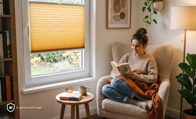 A woman sitting in an armchair by a window fitted with a yellow standard pleated blind