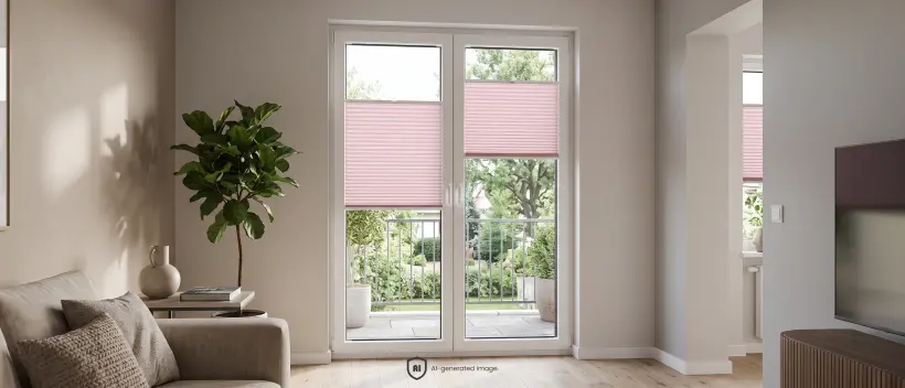 Gro&szlig;es, helles und ger&auml;umiges Wohnzimmer mit Balkont&uuml;r und Standard-Plissees in Puderrosa am Fenster