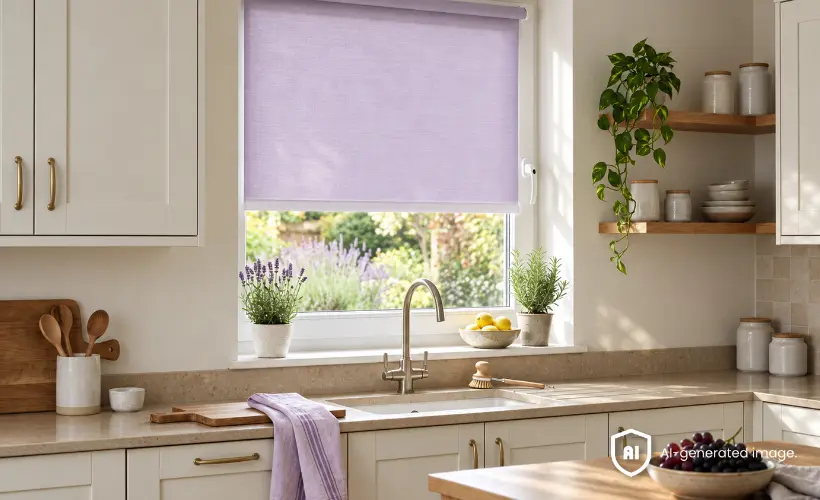 Small white kitchen with a window above the sink and a purple standard roller blind