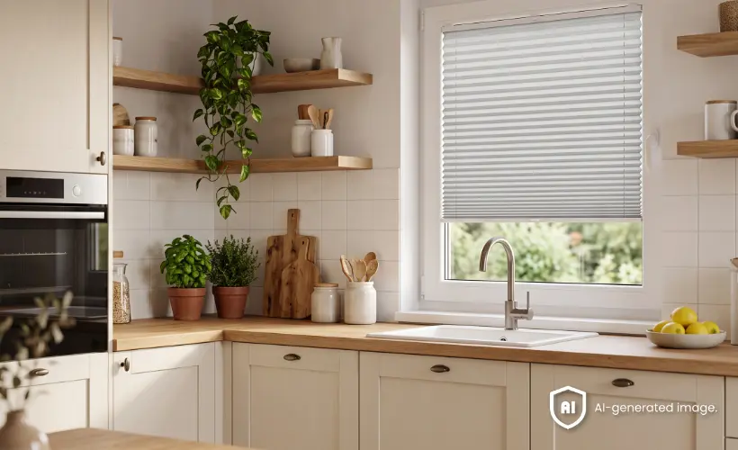 Small bright beige kitchen with a grey standard pleated blind on the window