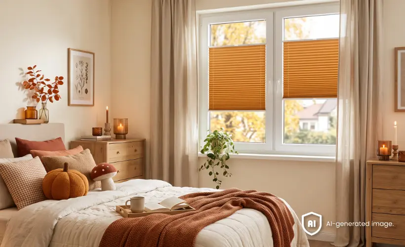 Stimmungsvolles und gem&uuml;tliches Schlafzimmer in herbstlichen Oranget&ouml;nen