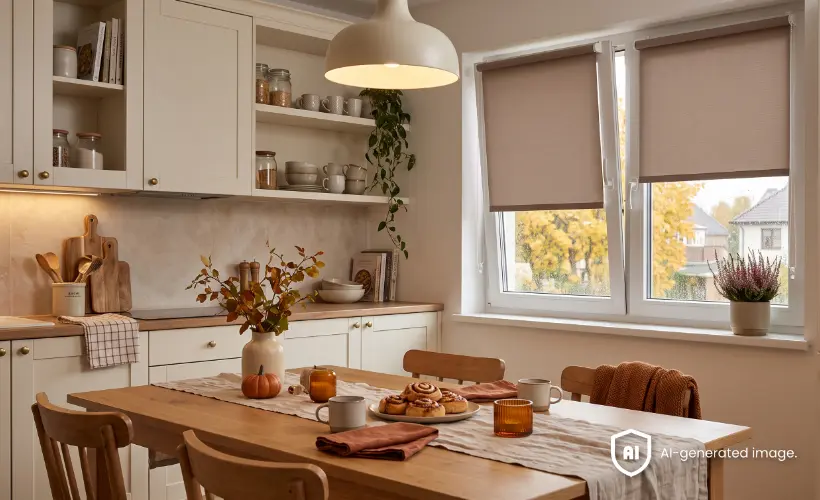 Gem&uuml;tliche K&uuml;che im herbstlichen Stil mit Zimtschnecken und Tee auf dem Tisch