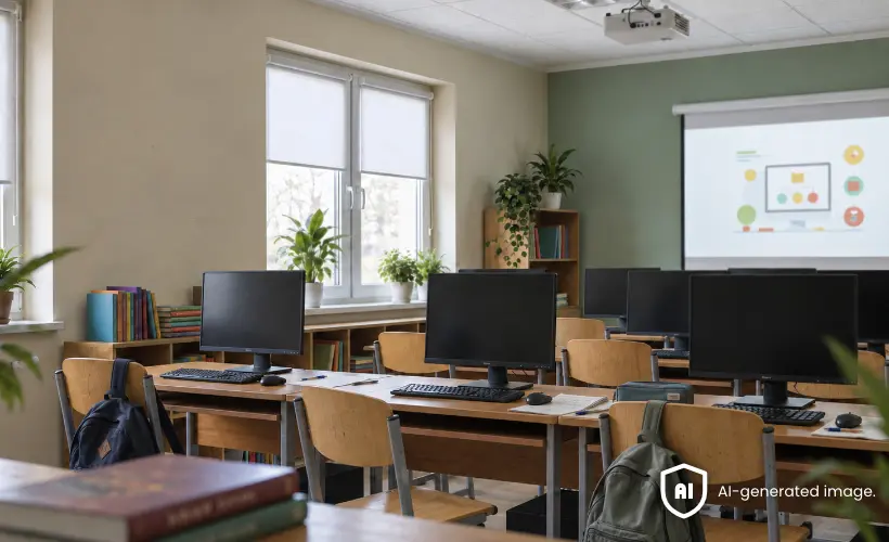 Computerraum in einer Schule mit Monitoren und hellen Rollos an den Fenstern.