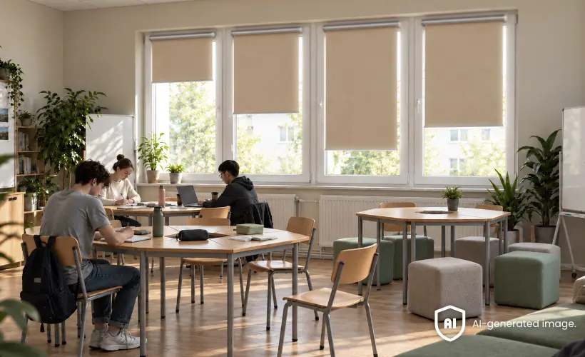 Raum f&uuml;r Gruppenarbeit mit Tischen, St&uuml;hlen und beigen Rollos an gro&szlig;en Fenstern.