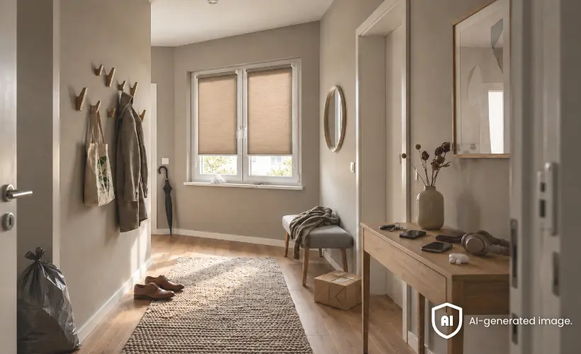 Heller Flur mit beigen Rollos am Fenster, Sitzbank, Wandgarderobe und Konsole sowie Kleidung, Paket und weiteren Dingen, die noch aufger&auml;umt werden m&uuml;ssen.