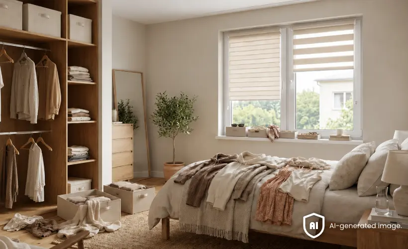 Schlafzimmer mit offenem Kleiderschrank, Bett und zum Sortieren bereitgelegter Kleidung sowie einem beigen Rollo und einem Doppelrollo an den Fenstern.