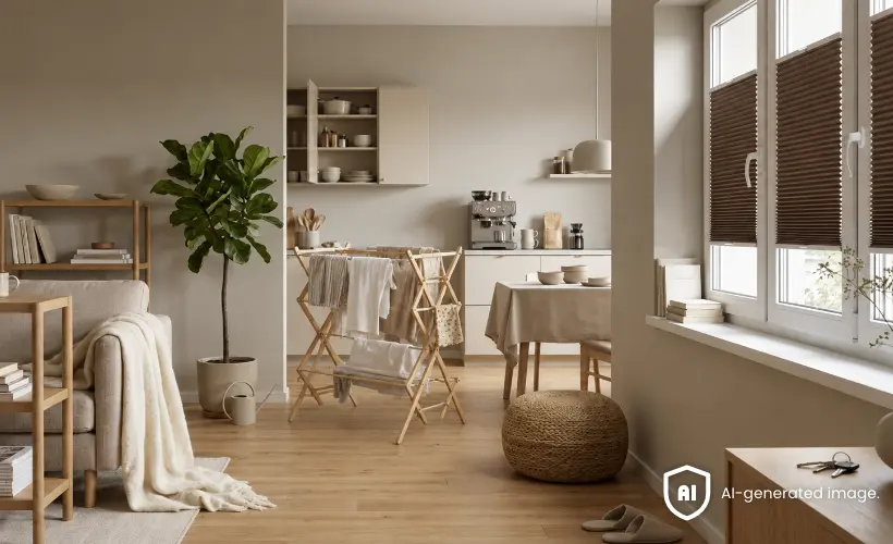 Helles Wohnzimmer mit K&uuml;chenzeile, braunen Plissees an den Fenstern, Holzm&ouml;beln und einem W&auml;schest&auml;nder mit aufgeh&auml;ngter W&auml;sche in der Mitte des Raumes.