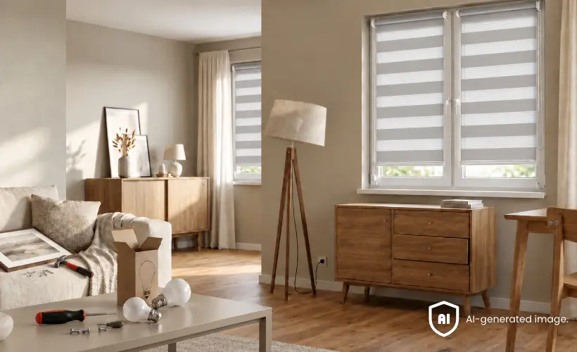 Wohnzimmer mit Doppelrollos w&auml;hrend kleiner Heimwerkerarbeiten
