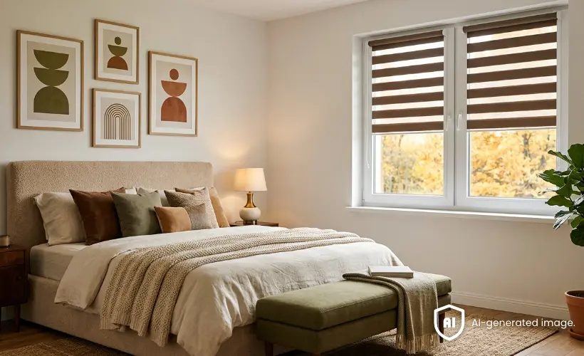 Helles, gro&szlig;z&uuml;giges Schlafzimmer im Stil Mid-Century Modern Autumn mit braunen Doppelrollos am Fenster