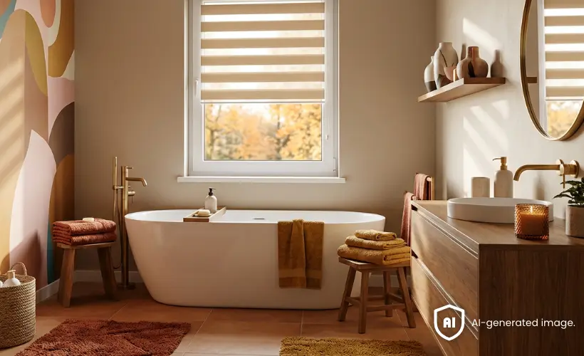 Modernes, farbenfrohes Badezimmer im Stil Mid-Century Modern Autumn mit einem beigen Doppelrollo am Fenster
