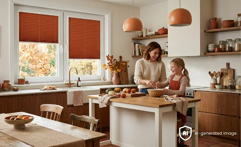 Mutter und Kind kochen in einer K&uuml;che im Stil Mid-Century Modern Autumn