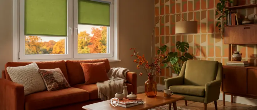 Modernes, gem&uuml;tliches Wohnzimmer im Stil Mid-Century Modern Autumn mit einem gr&uuml;nen Verdunkelungsrollo am Fenster
