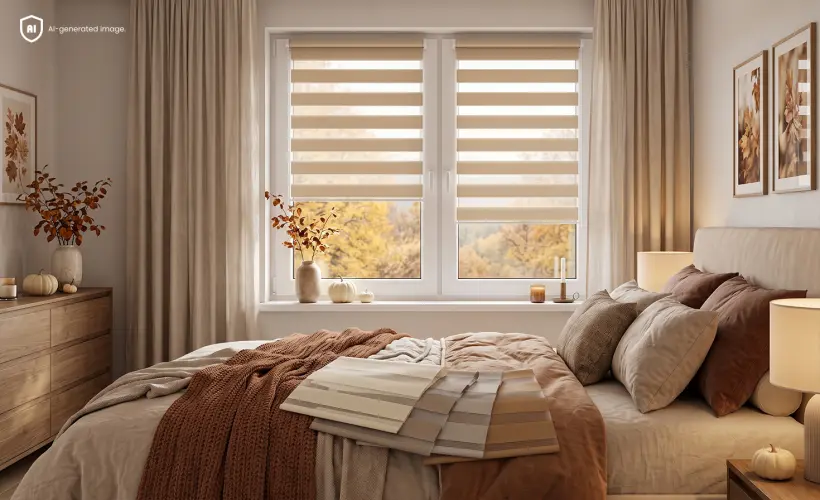 Beigefarbene Doppelrollos an einem Fenster in einem gem&uuml;tlichen Schlafzimmer mit herbstlicher Dekoration.