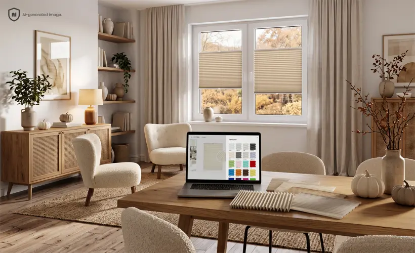 Beigefarbene Plissees an einem Fenster in einem hellen Wohnzimmer. Auf einem Laptop sind Stofffarben zu sehen, daneben liegt ein echtes Stoffmuster auf einem Holztisch.