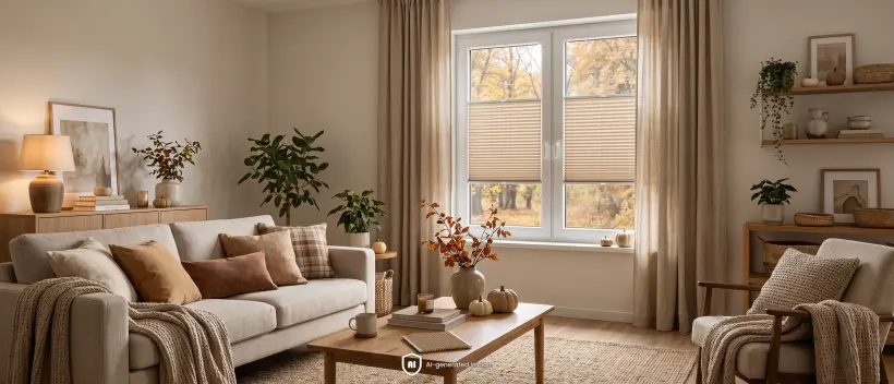 Beigefarbene Plissees bedecken den mittleren Bereich eines Fensters in einem Wohnzimmer mit nat&uuml;rlichen Farbt&ouml;nen.
