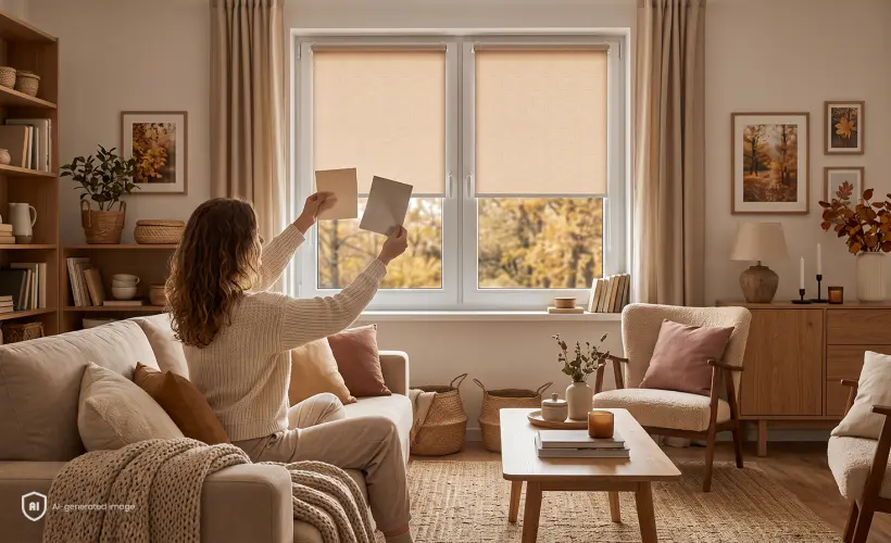 Eine Frau sitzt auf dem Sofa in einem herbstlich dekorierten Wohnzimmer und vergleicht Muster von Standardstoffen und Verdunkelungsstoffen.