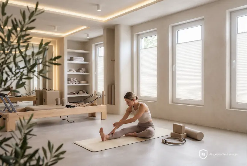 Frau dehnt sich nach dem Pilates-Training auf einer Matte