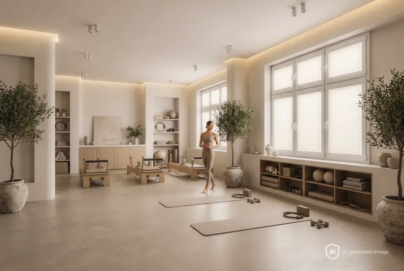 Pilates-Trainerin im Kursraum vor Trainingsbeginn