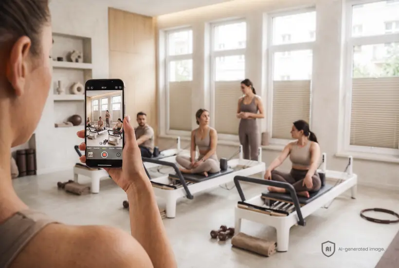 Trainerin filmt ein Pilates-Training an Reformern