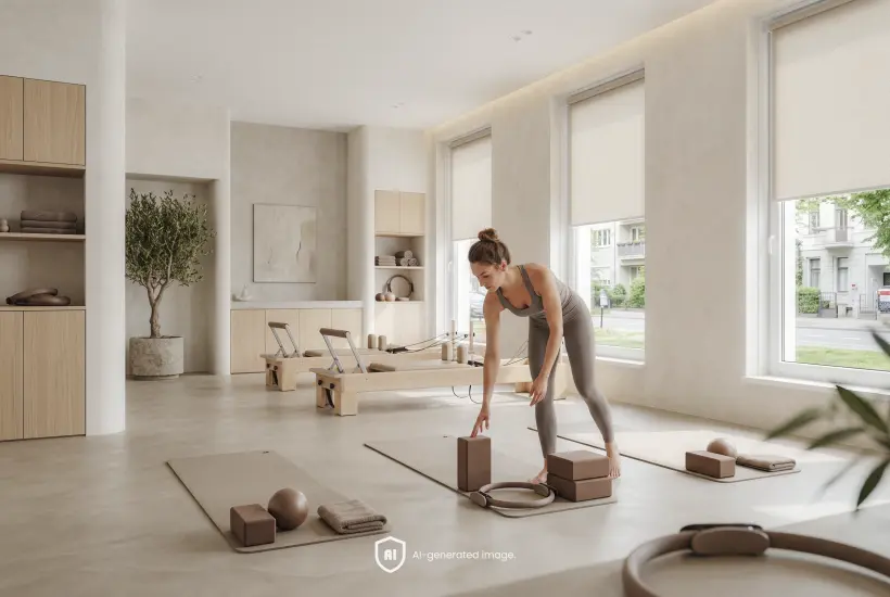 Pilates instructor preparing the studio for a class